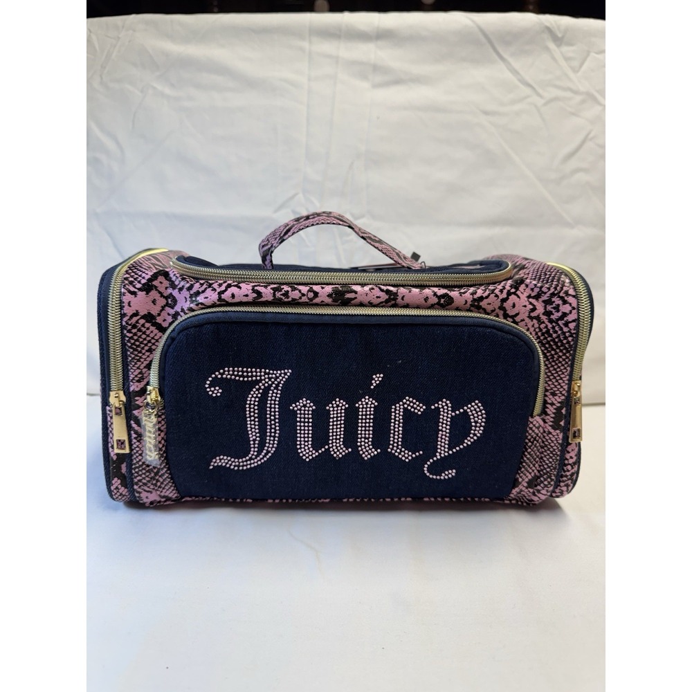 Juicy Couture Large Travel Cosmetic Bag In Denim And Pink Snakeskin Pattern New